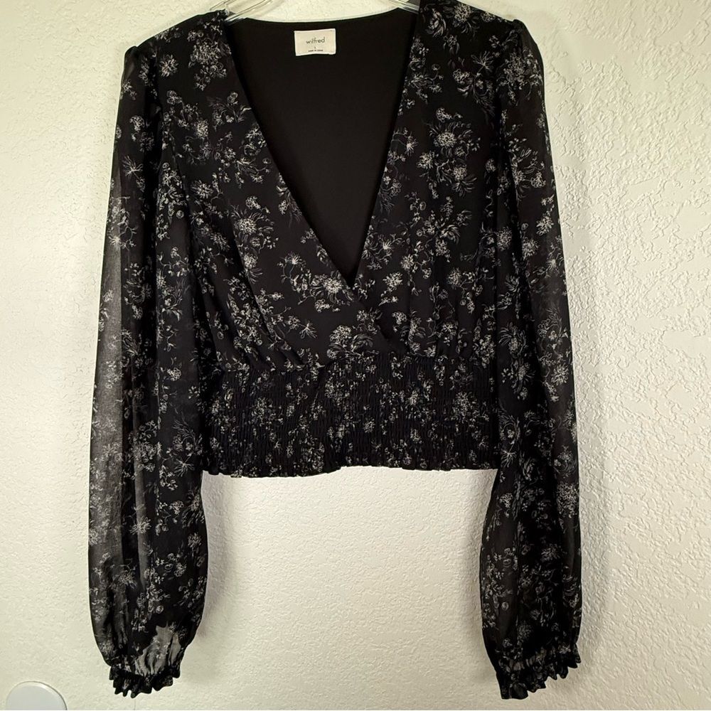 Wilfred Black Mini Floral Wrap Front Cropped Long Sleeve Top- Womens Size L